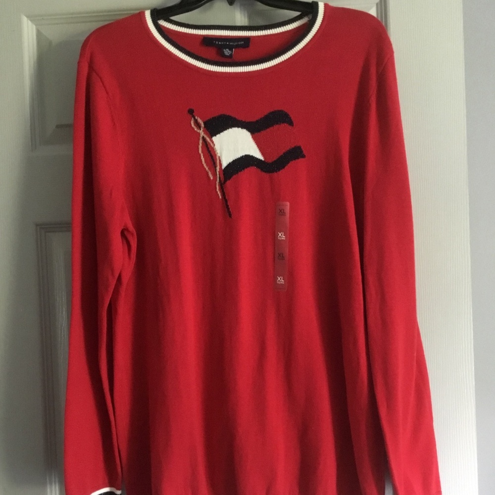 Vtg Preppy Tommy Hilfiger Womens Patriotic Red White and Blue Cotton Sweater XL